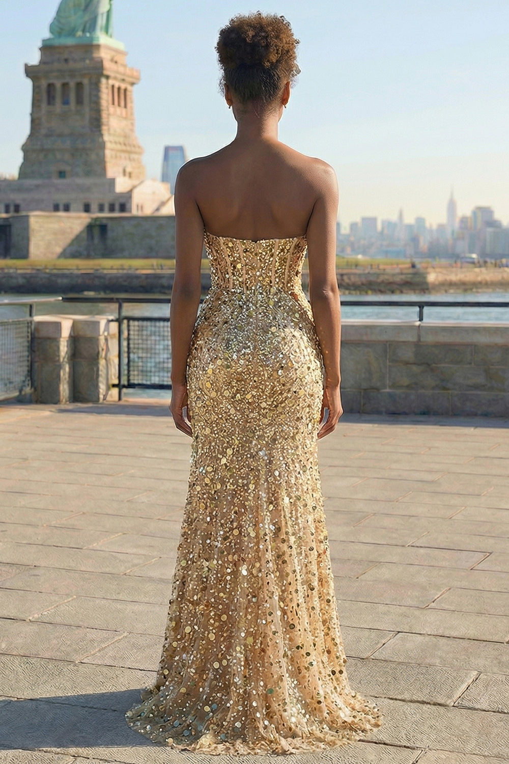 Sparkly Golden Beaded Mermaid Long Corset Prom Dress with Slit