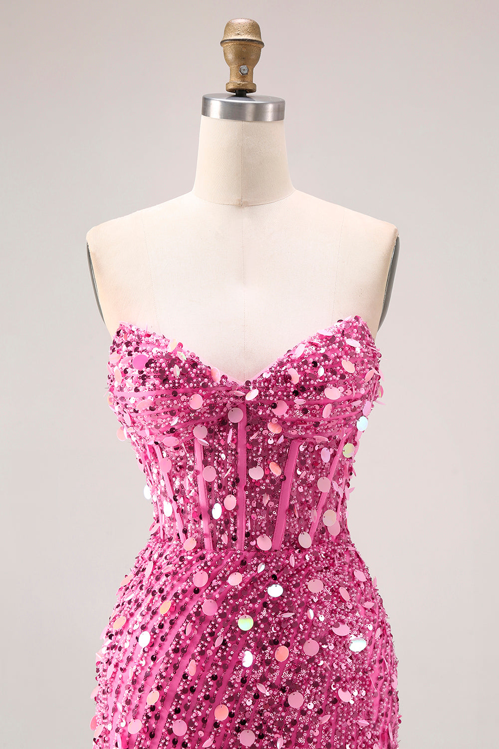 Sparkly Pink Mermaid Beaded Long Corset Prom Dress with Slit