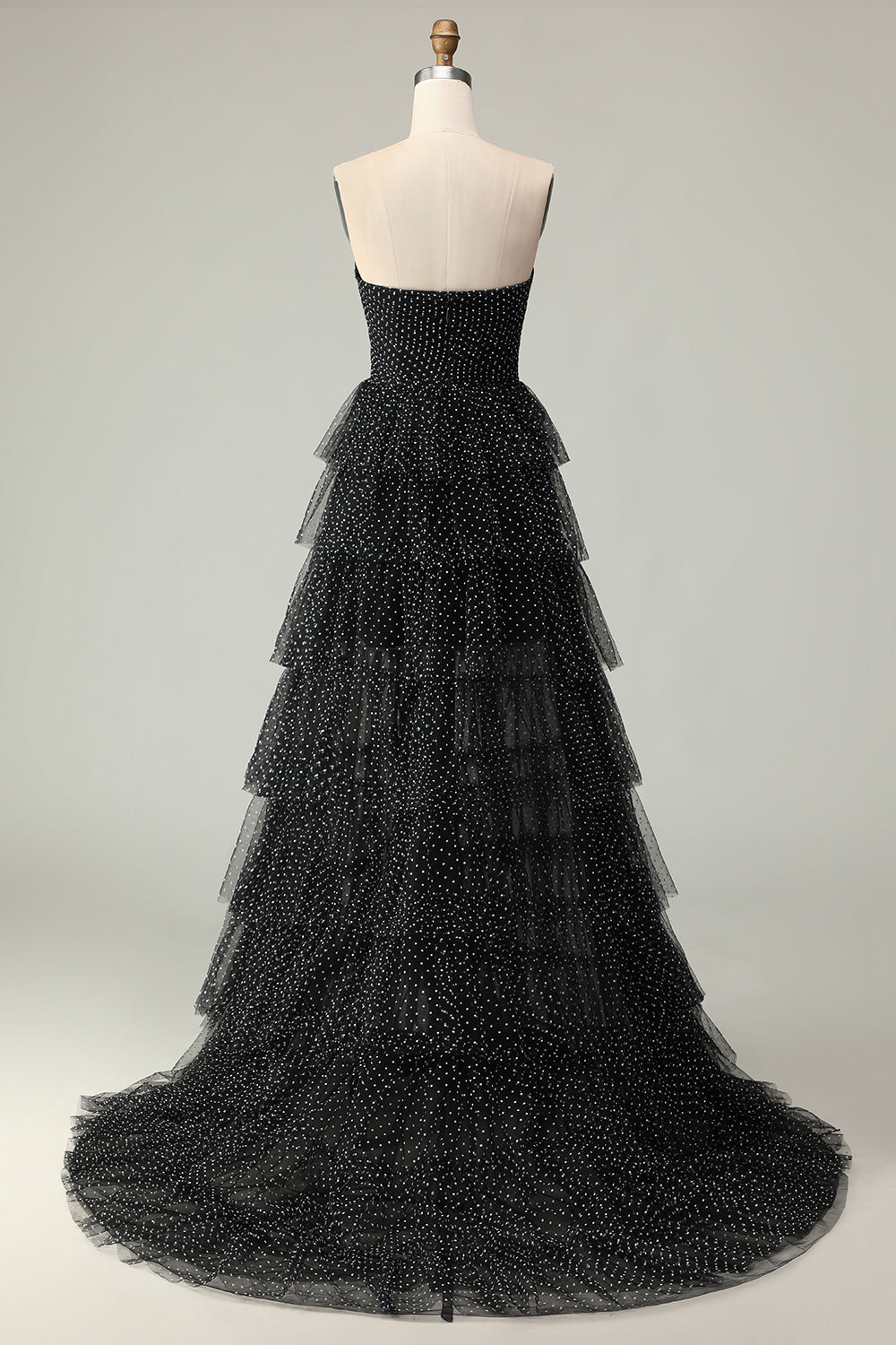 Black and White Polka Dots Ruffled Corset Long Prom Dress with Slit