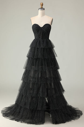 Black and White Polka Dots Ruffled Corset Long Prom Dress with Slit