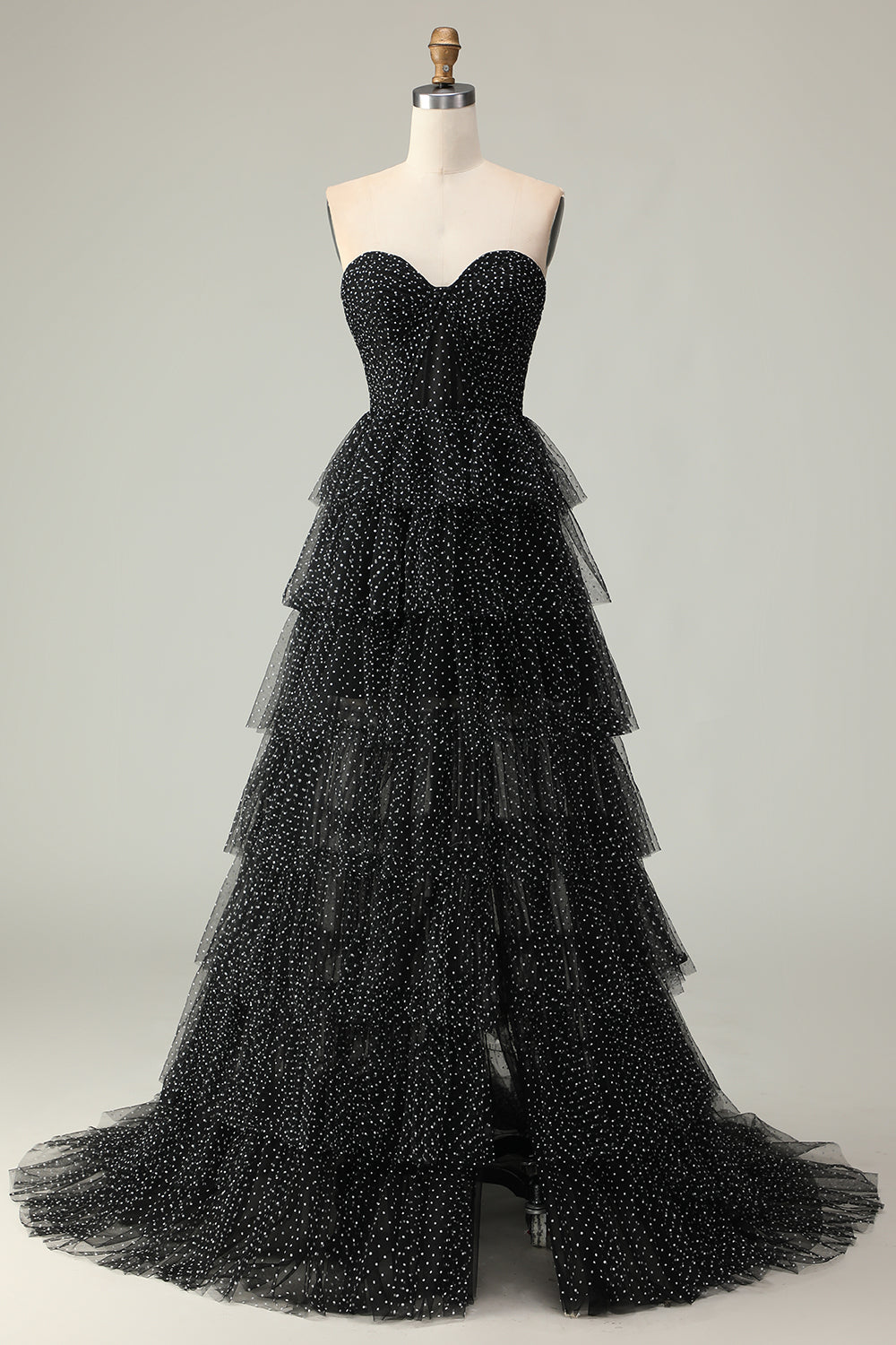 Black and White Polka Dots Ruffled Corset Long Prom Dress with Slit