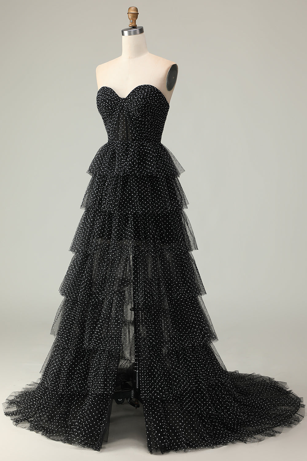 Black and White Polka Dots Ruffled Corset Long Prom Dress with Slit