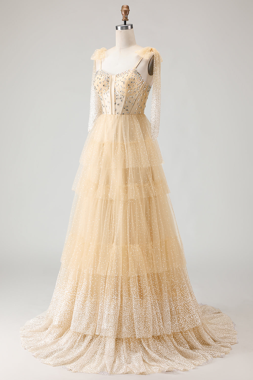 Sparkly Pink Tulle Polka Dots Tiered Long Corset Prom Dress with Beading