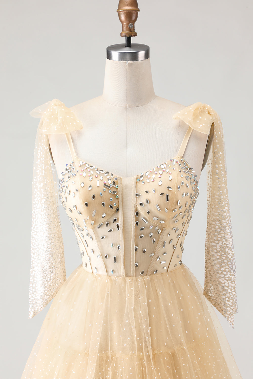Sparkly Pink Tulle Polka Dots Tiered Long Corset Prom Dress with Beading