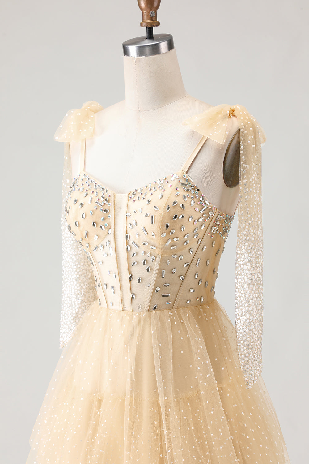 Sparkly Pink Tulle Polka Dots Tiered Long Corset Prom Dress with Beading