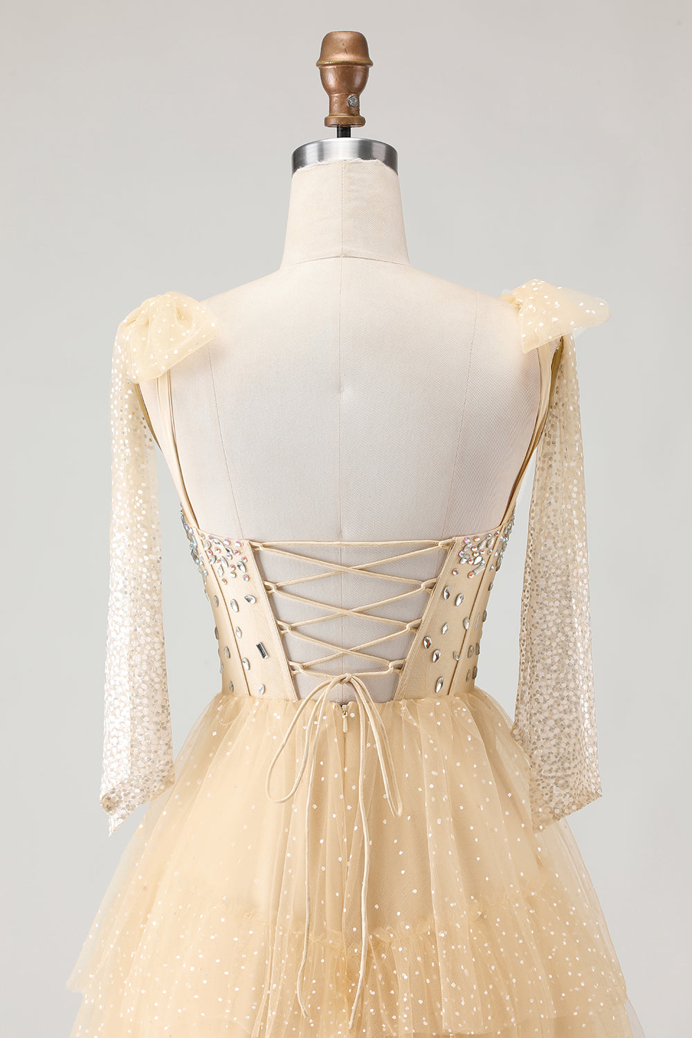 Sparkly Pink Tulle Polka Dots Tiered Long Corset Prom Dress with Beading