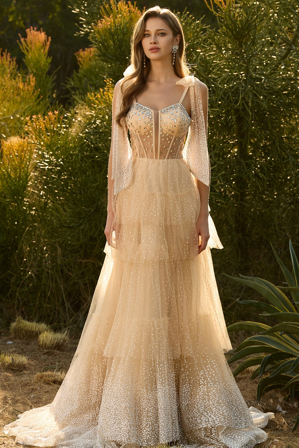 Sparkly Apricot Polka Dots Tiered Beaded Long Corset Prom Dress with Bows