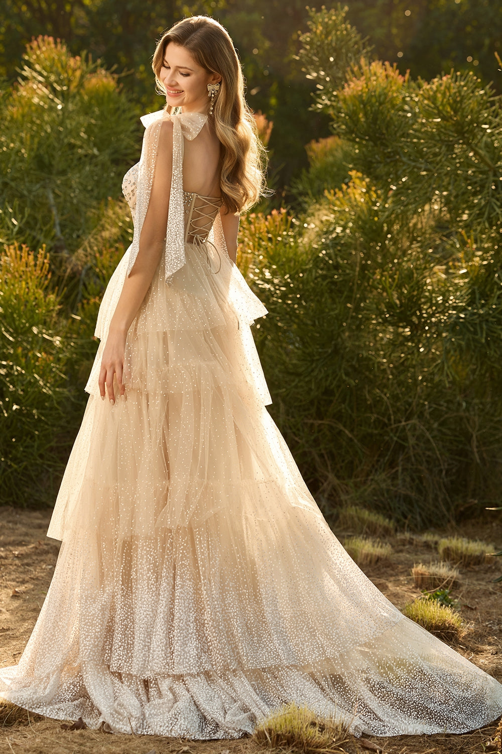 Sparkly Apricot Polka Dots Tiered Beaded Long Corset Prom Dress with Bows