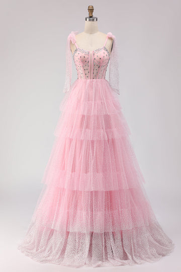 Sparkly Pink Tulle Polka Dots Tiered Long Corset Prom Dress with Beading