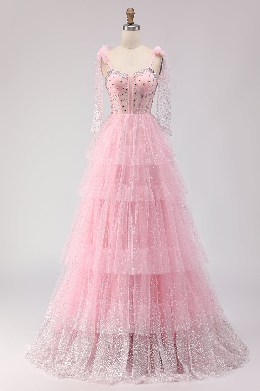 Sparkly Apricot Polka Dots Tiered Beaded Long Corset Prom Dress with Bows