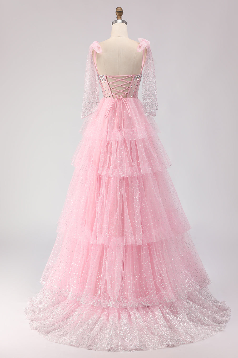 Sparkly Apricot Polka Dots Tiered Beaded Long Corset Prom Dress with Bows