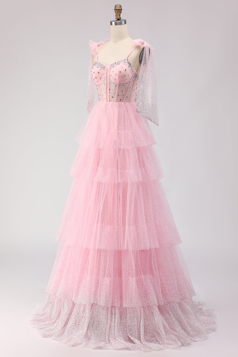 Sparkly Apricot Polka Dots Tiered Beaded Long Corset Prom Dress with Bows