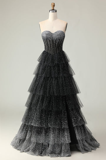 Sparkly Black and White Polka Dots Ruffled Sweetheart Long Corset Prom Dress