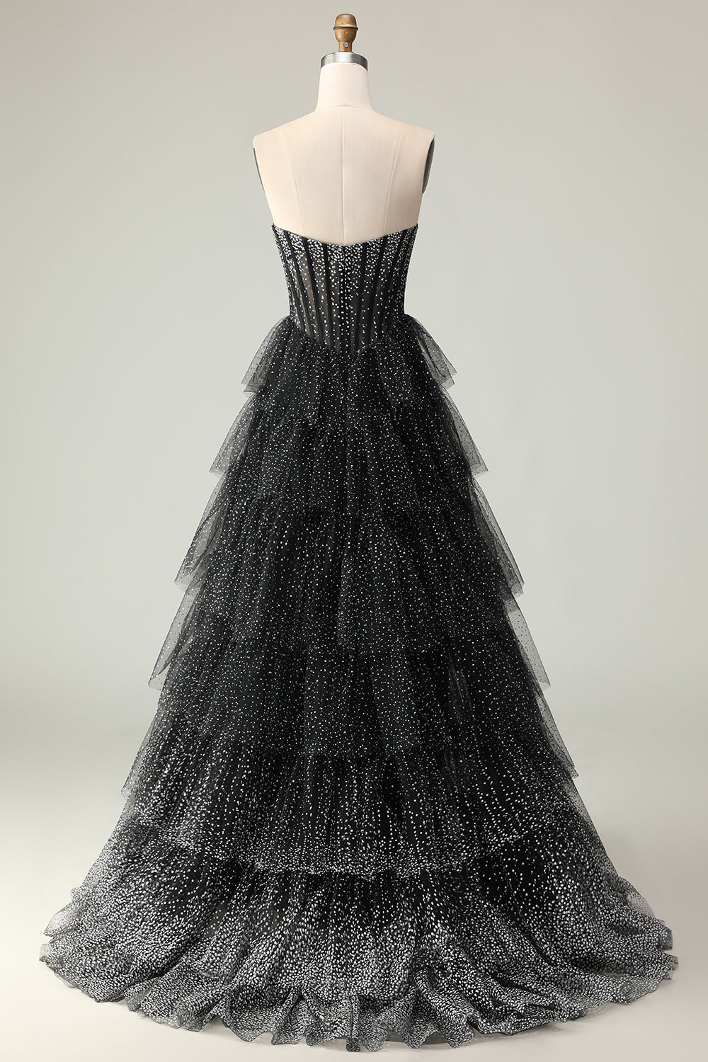 Sparkly Black and White Polka Dots Ruffled Sweetheart Long Corset Prom Dress