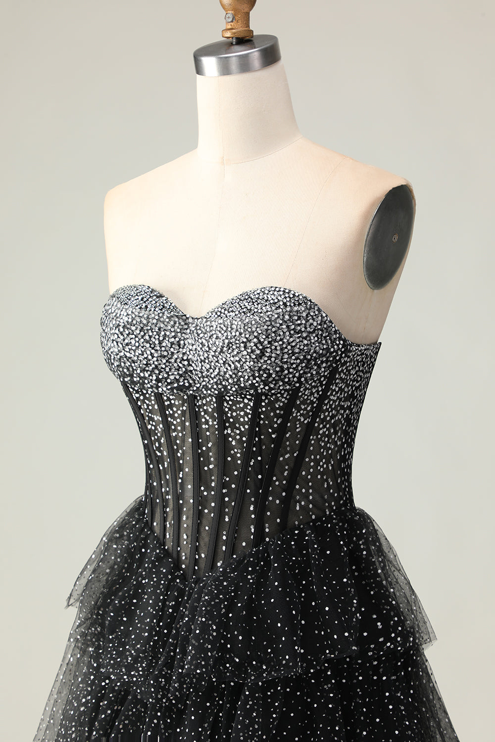 Sparkly Red and White Polka Dots Ruffled Sweetheart Long Corset Prom Dress