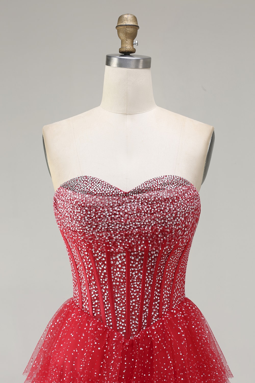 Sparkly Red and White Polka Dots Ruffled Sweetheart Long Corset Prom Dress