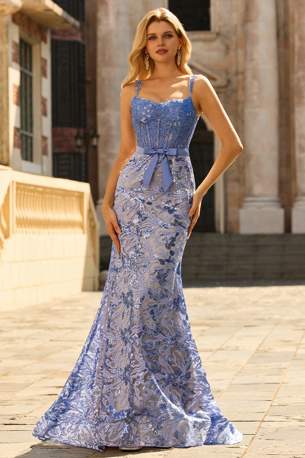 Grey Blue Mermaid Lace Long Corset Prom Dress with Bow