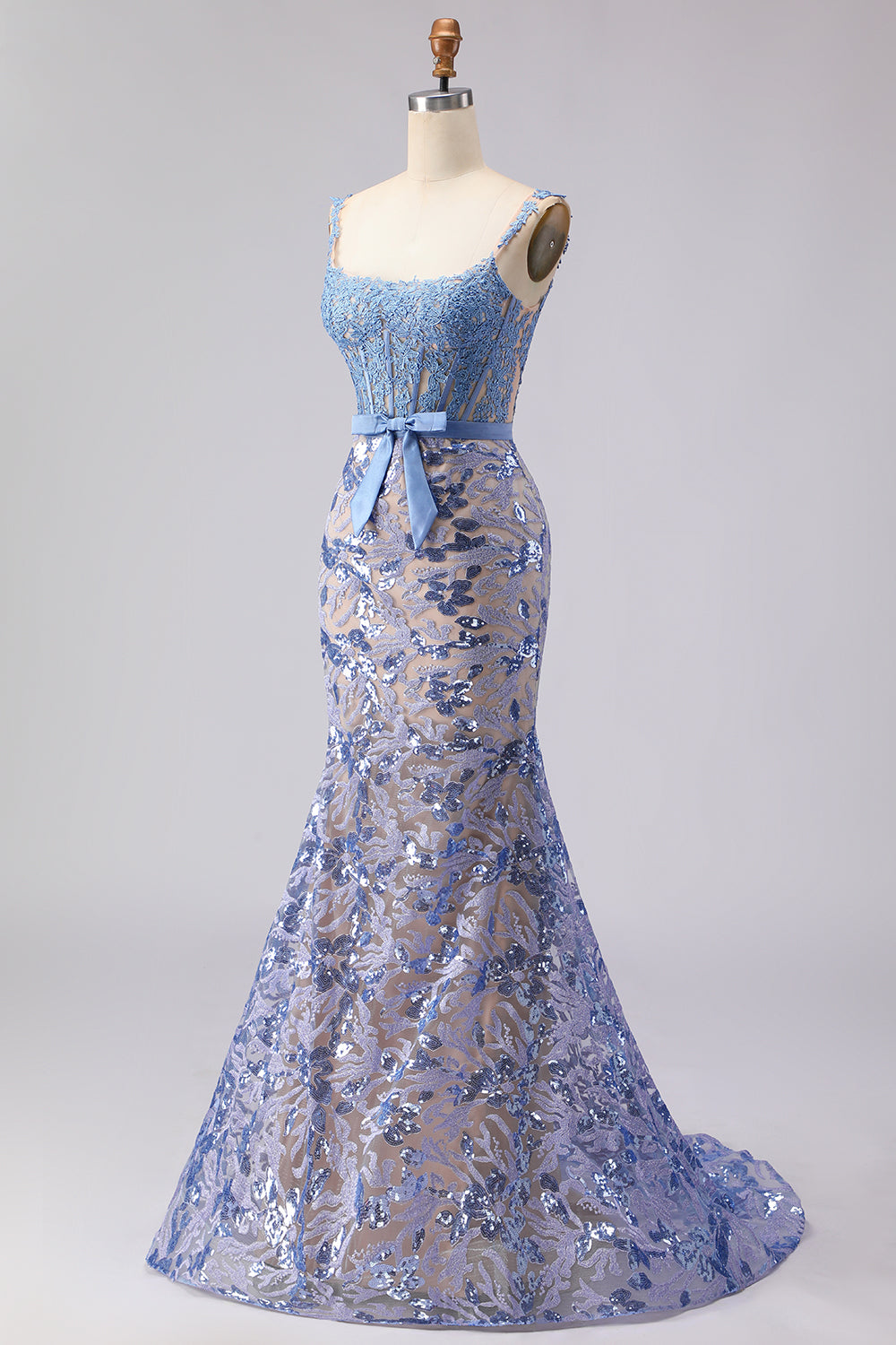 Grey Blue Mermaid Lace Long Corset Prom Dress with Bow