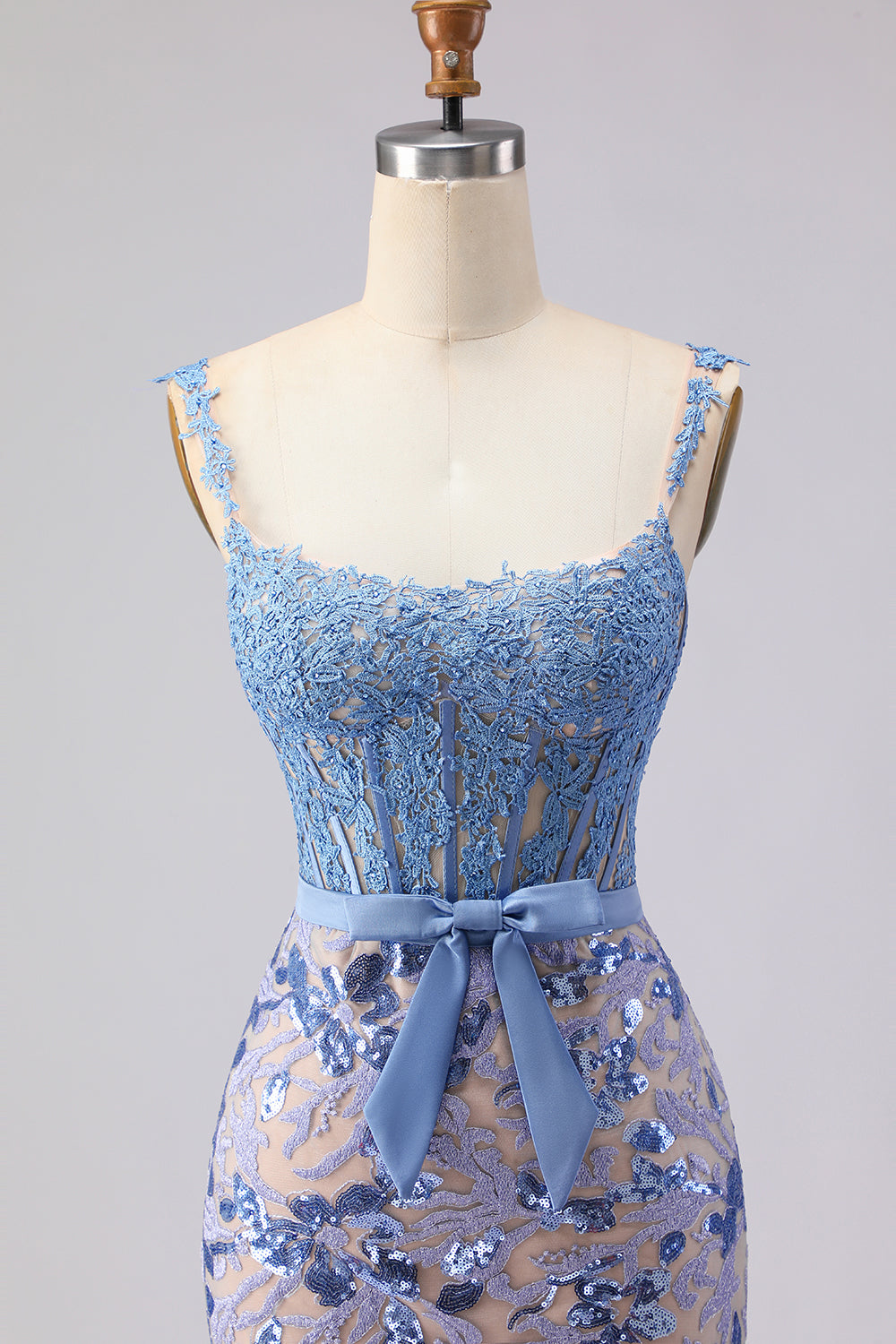 Grey Blue Mermaid Lace Long Corset Prom Dress with Bow