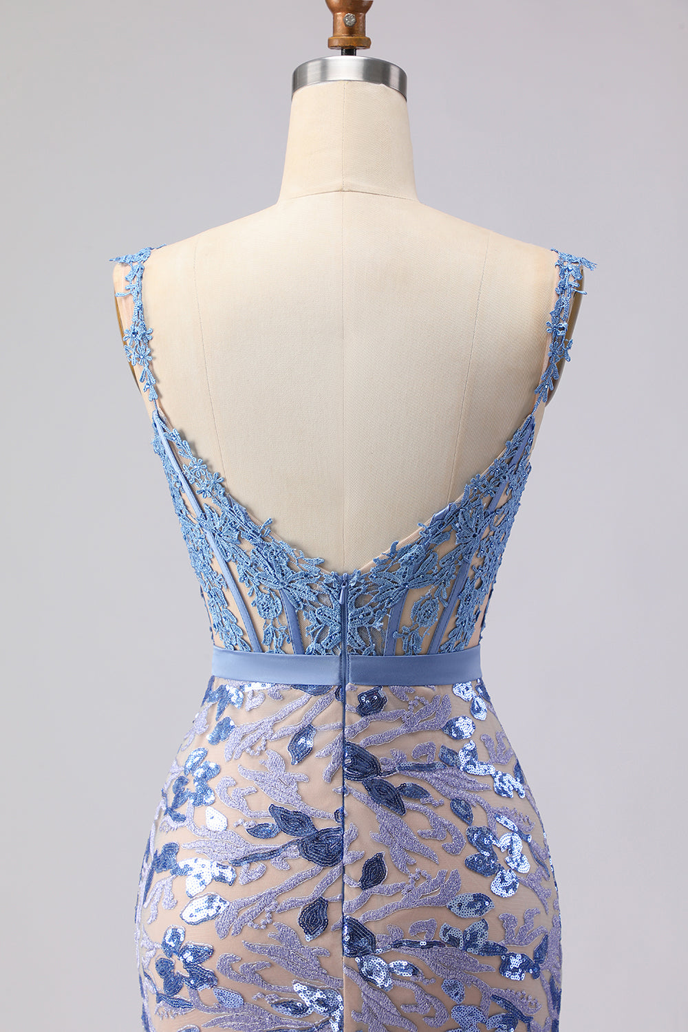 Grey Blue Mermaid Lace Long Corset Prom Dress with Bow
