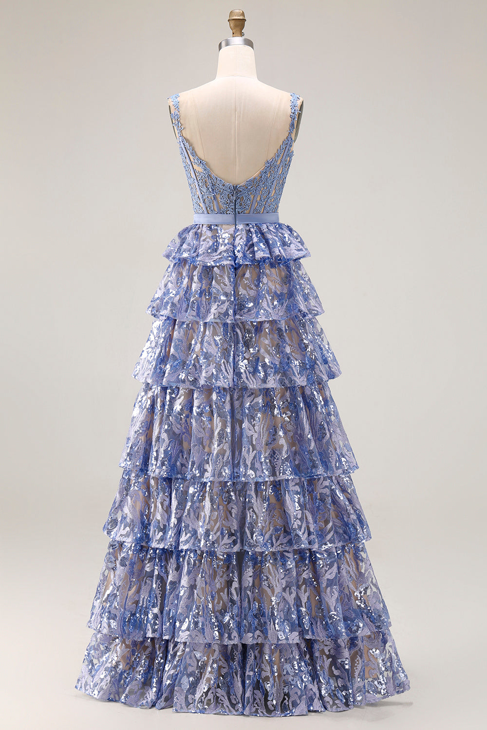 Sparkly Grey Blue Tiered Lace Long Corset Prom Dress with Slit