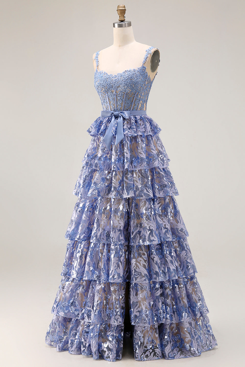 Sparkly Grey Blue Tiered Lace Long Corset Prom Dress with Slit