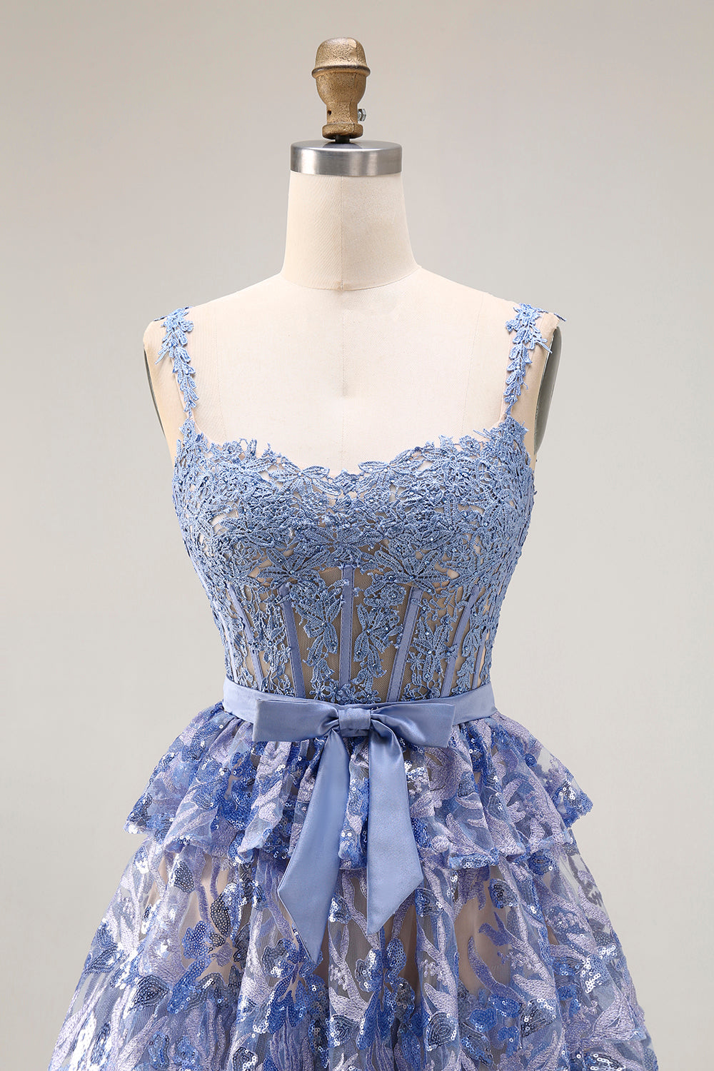 Sparkly Grey Blue Tiered Lace Long Corset Prom Dress with Slit
