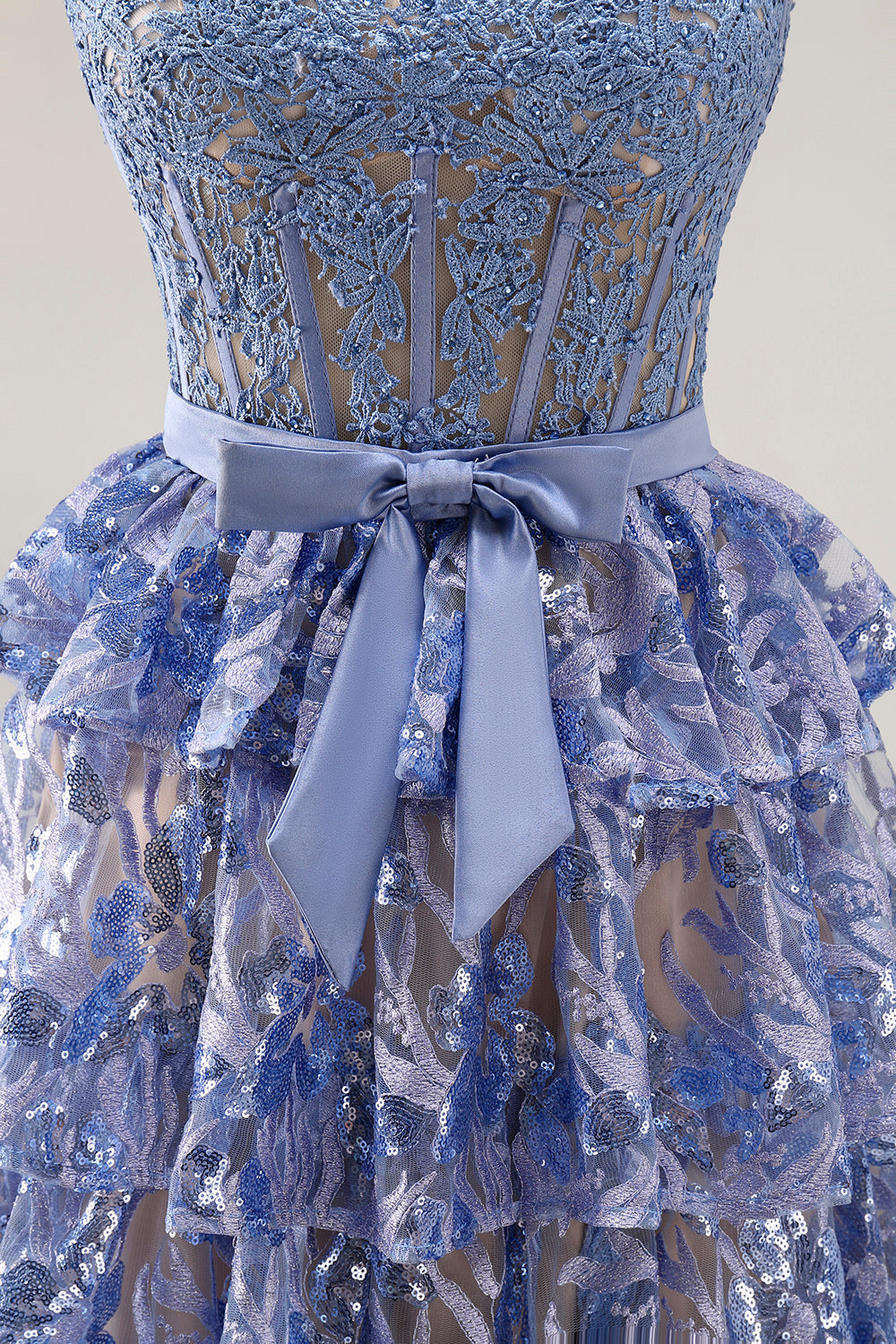 Sparkly Grey Blue Tiered Lace Long Corset Prom Dress with Slit