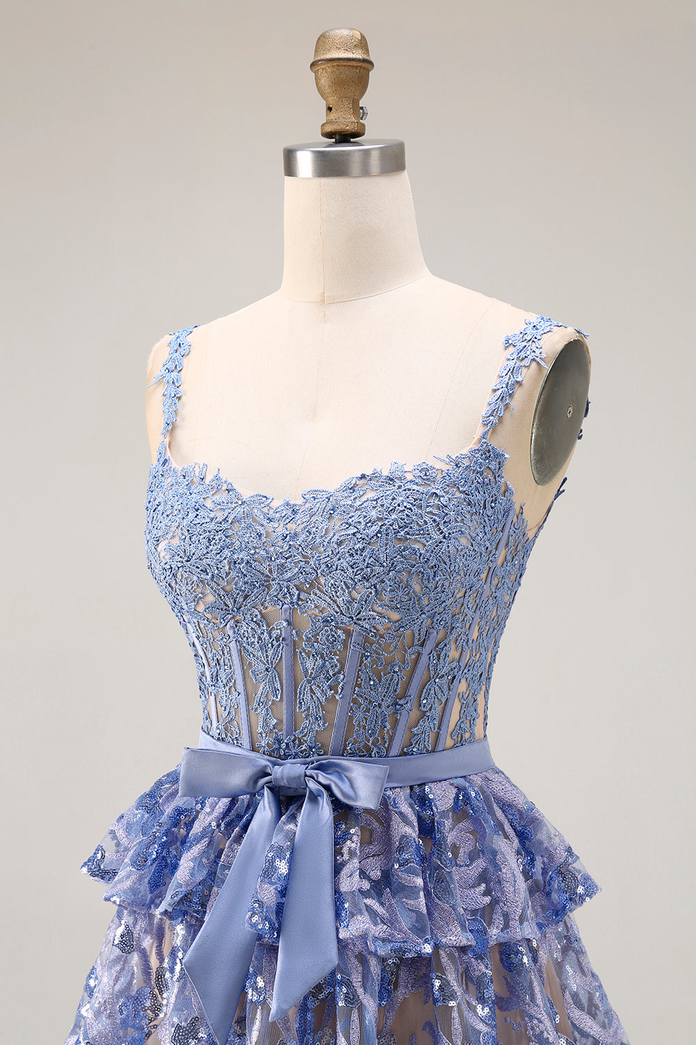 Sparkly Grey Blue Tiered Lace Long Corset Prom Dress with Slit