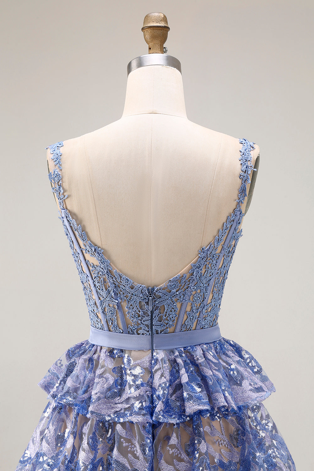 Sparkly Grey Blue Tiered Lace Long Corset Prom Dress with Slit
