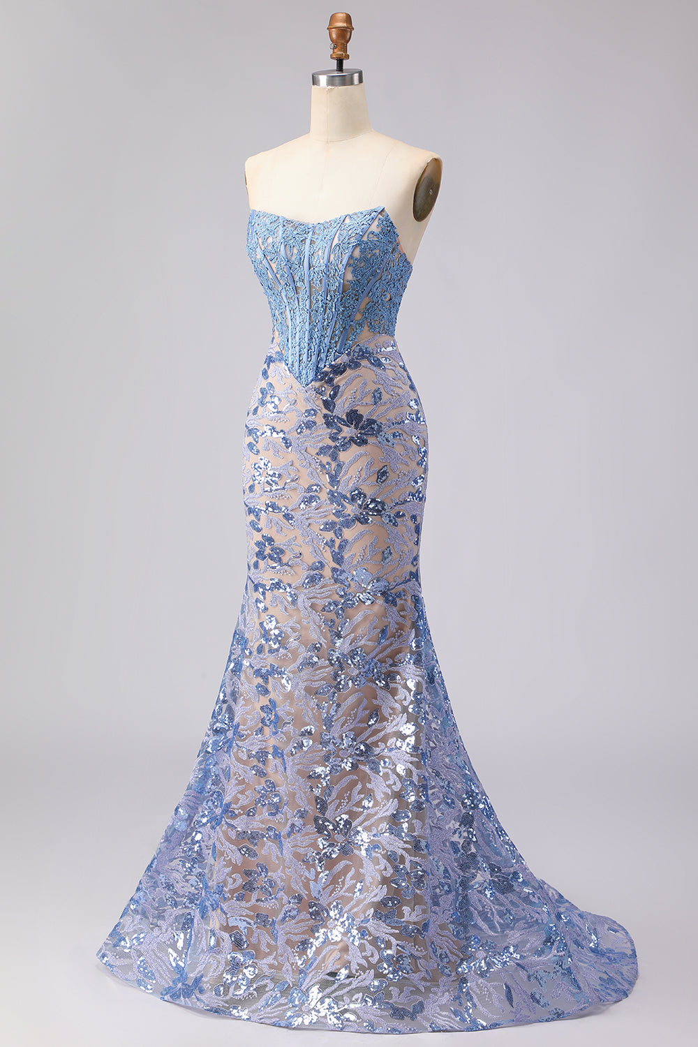 Sparkly Grey Blue Mermaid Lace Strapless Long Corset Prom Dress