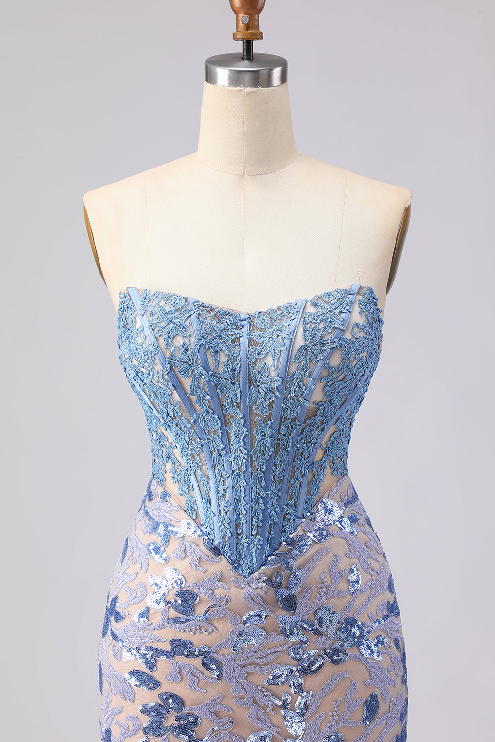 Sparkly Grey Blue Mermaid Lace Strapless Long Corset Prom Dress