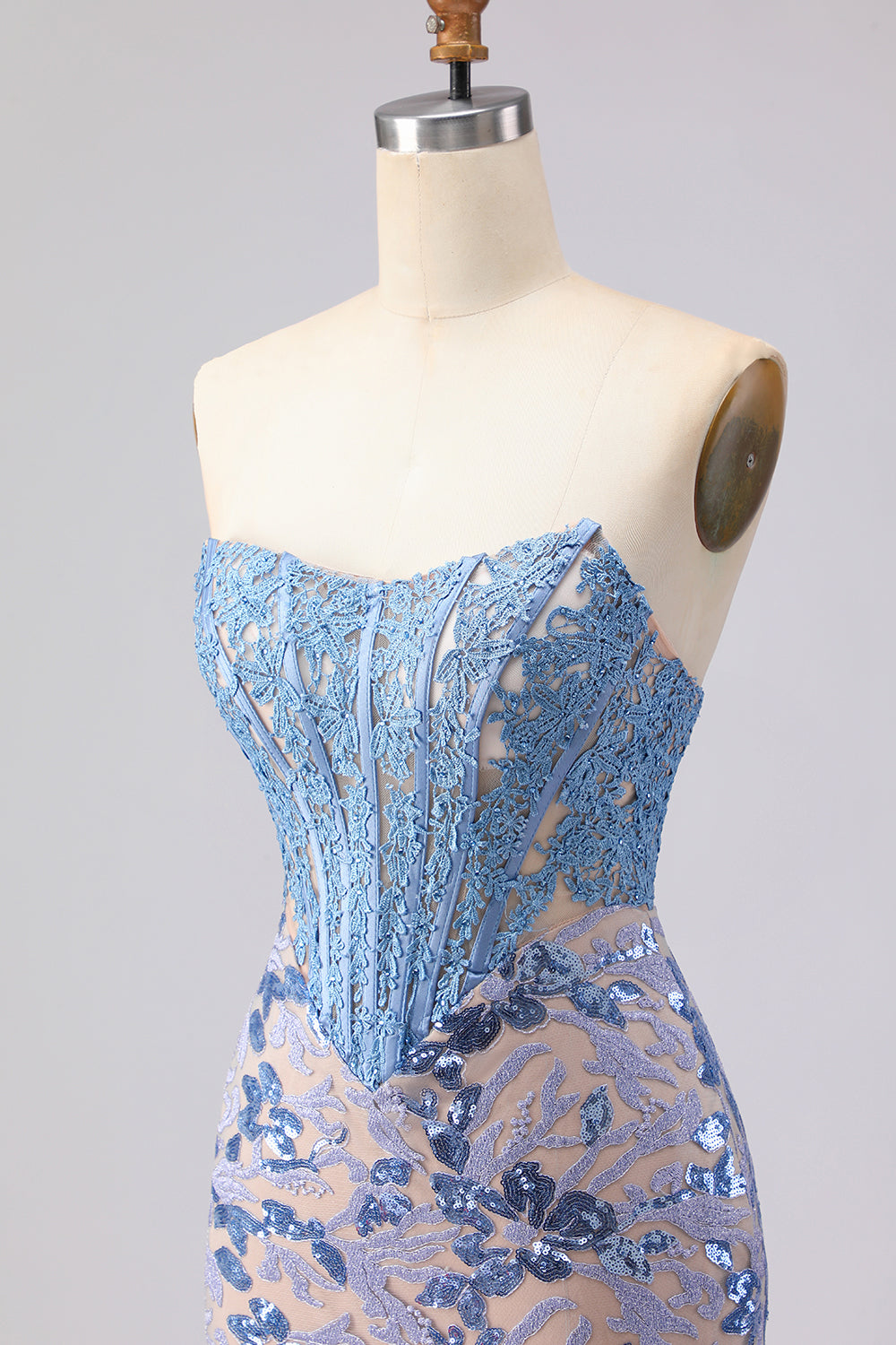 Sparkly Grey Blue Mermaid Lace Strapless Long Corset Prom Dress