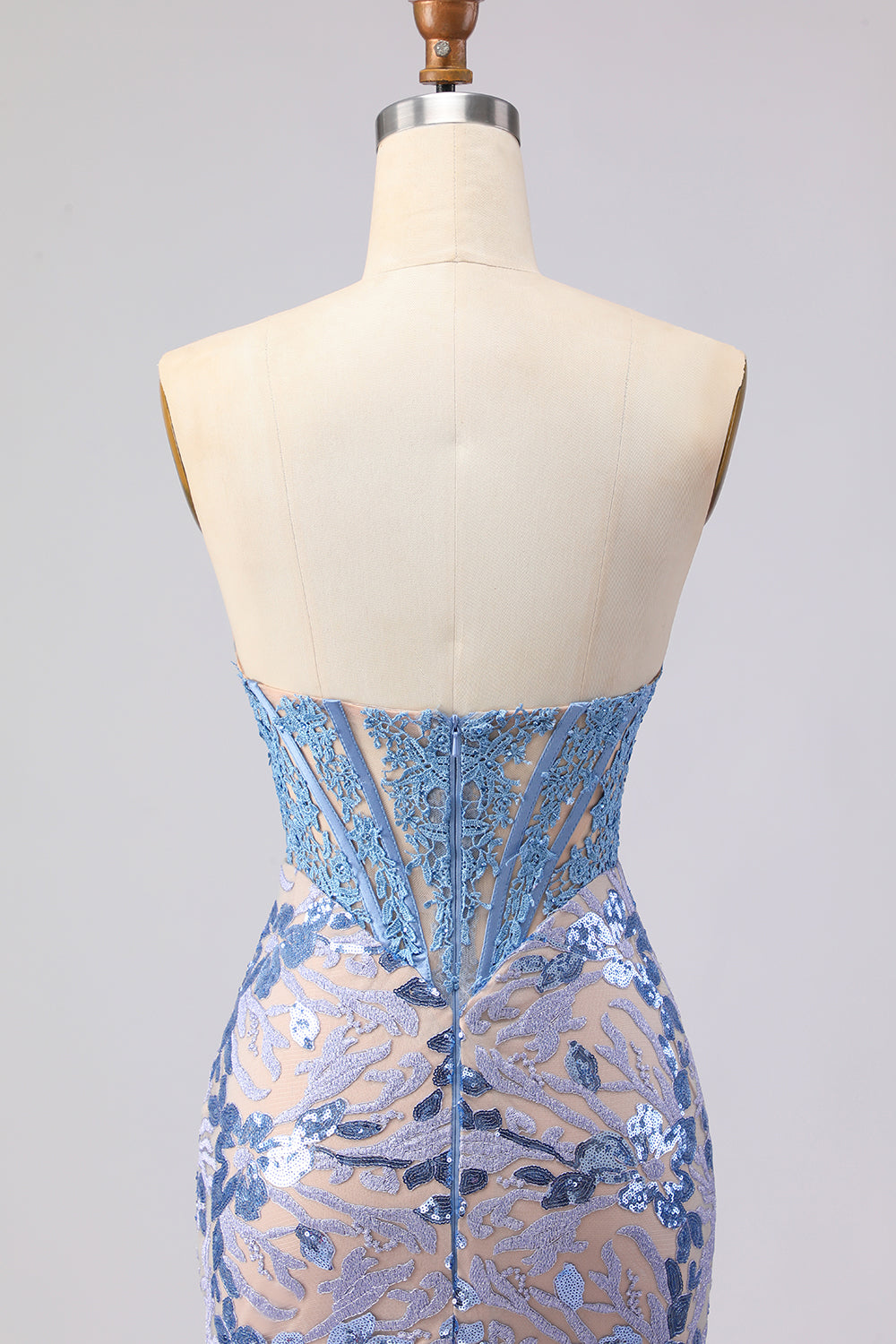 Sparkly Grey Blue Mermaid Lace Strapless Long Corset Prom Dress