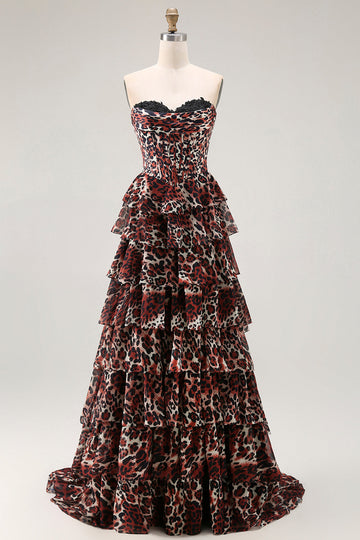Brown Leopard Strapless Ruffled A Line Long Prom Dress