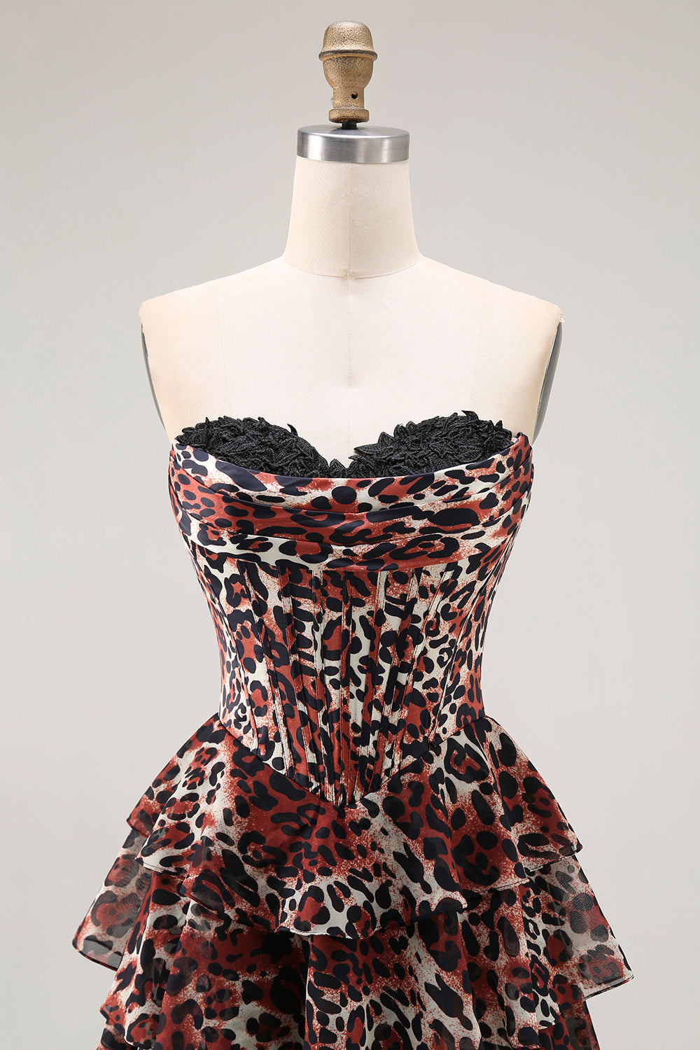 Brown Leopard Strapless Ruffled A Line Long Prom Dress