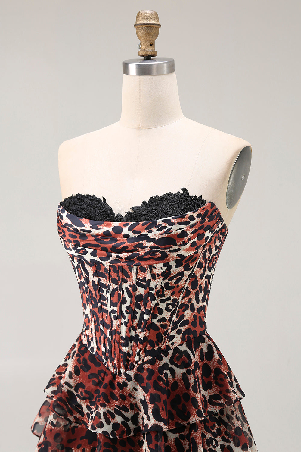 Brown Leopard Strapless Ruffled A Line Long Prom Dress