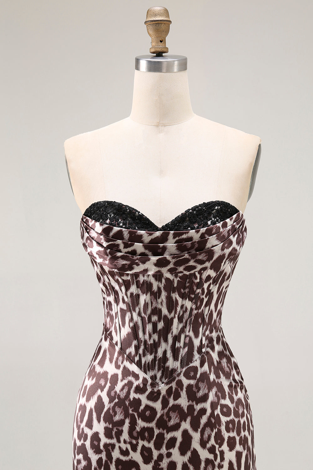 Coffee Leopard Sweetheart Mermaid Corset Long Prom Dress with Slit