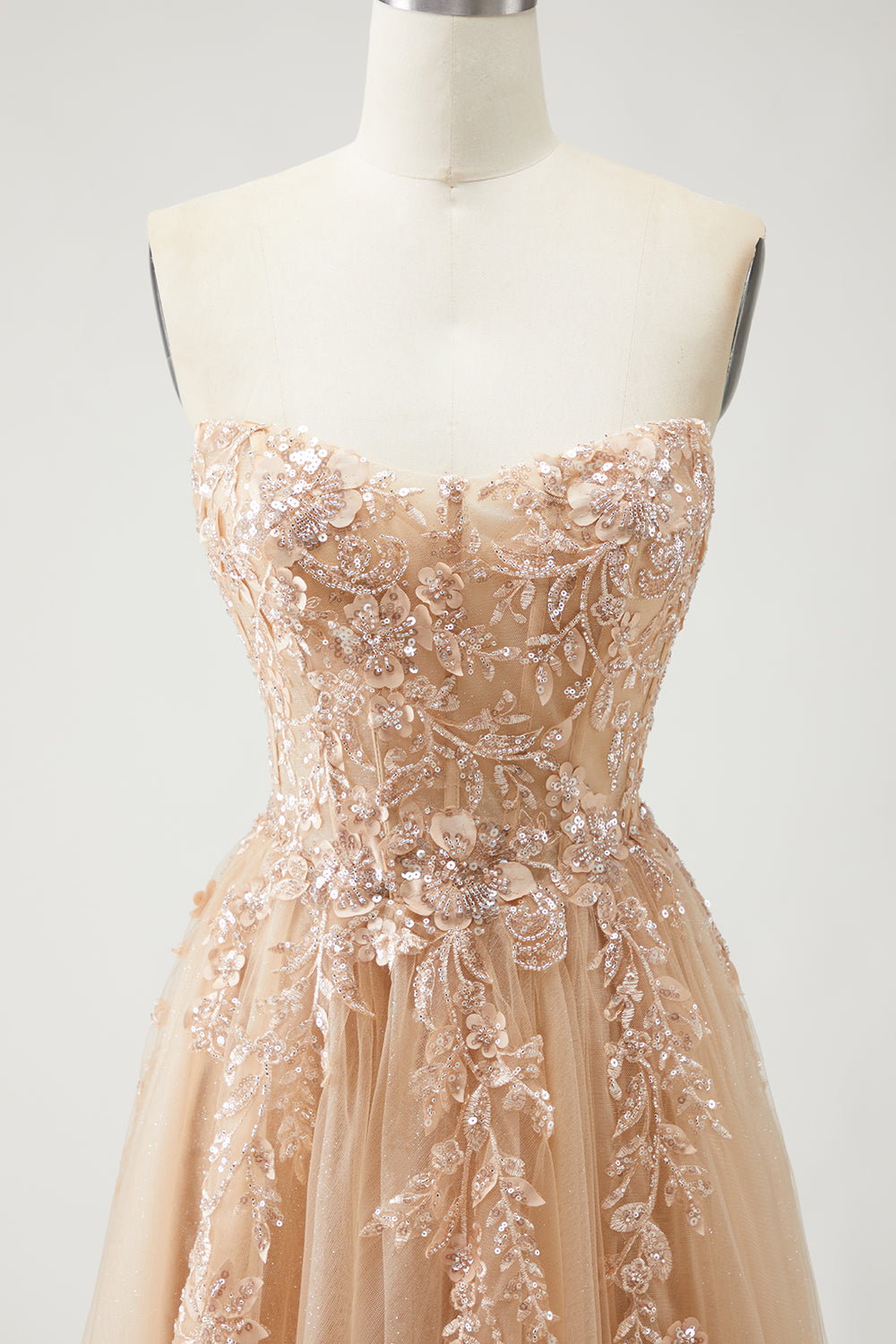 Sparkly Champagne Floral A-Line Long Prom Dress with Detachable Sleeves