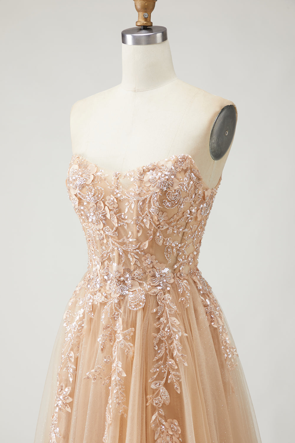 Sparkly Champagne Floral A-Line Long Prom Dress with Detachable Sleeves