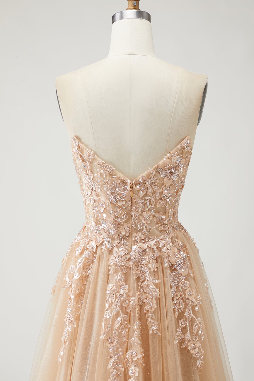 Sparkly Champagne Floral A-Line Long Prom Dress with Detachable Sleeves