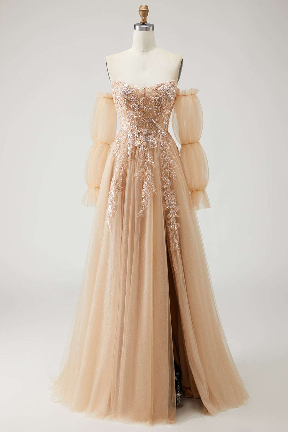Sparkly Champagne Floral A-Line Long Prom Dress with Detachable Sleeves