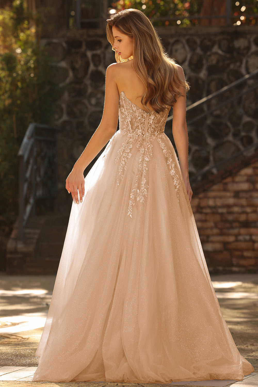 Sparkly Champagne Floral A-Line Long Prom Dress with Detachable Sleeves