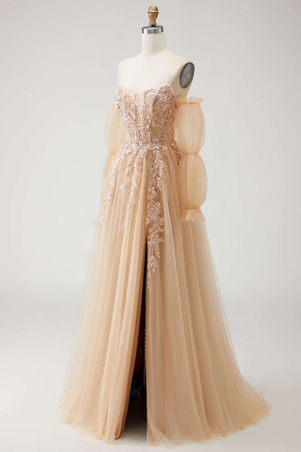 Sparkly Champagne Floral A-Line Long Prom Dress with Detachable Sleeves