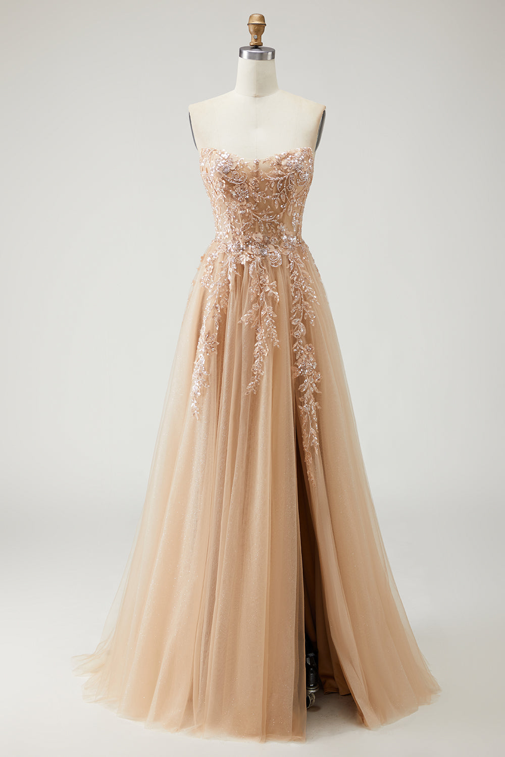 Sparkly Champagne Floral A-Line Long Prom Dress with Detachable Sleeves