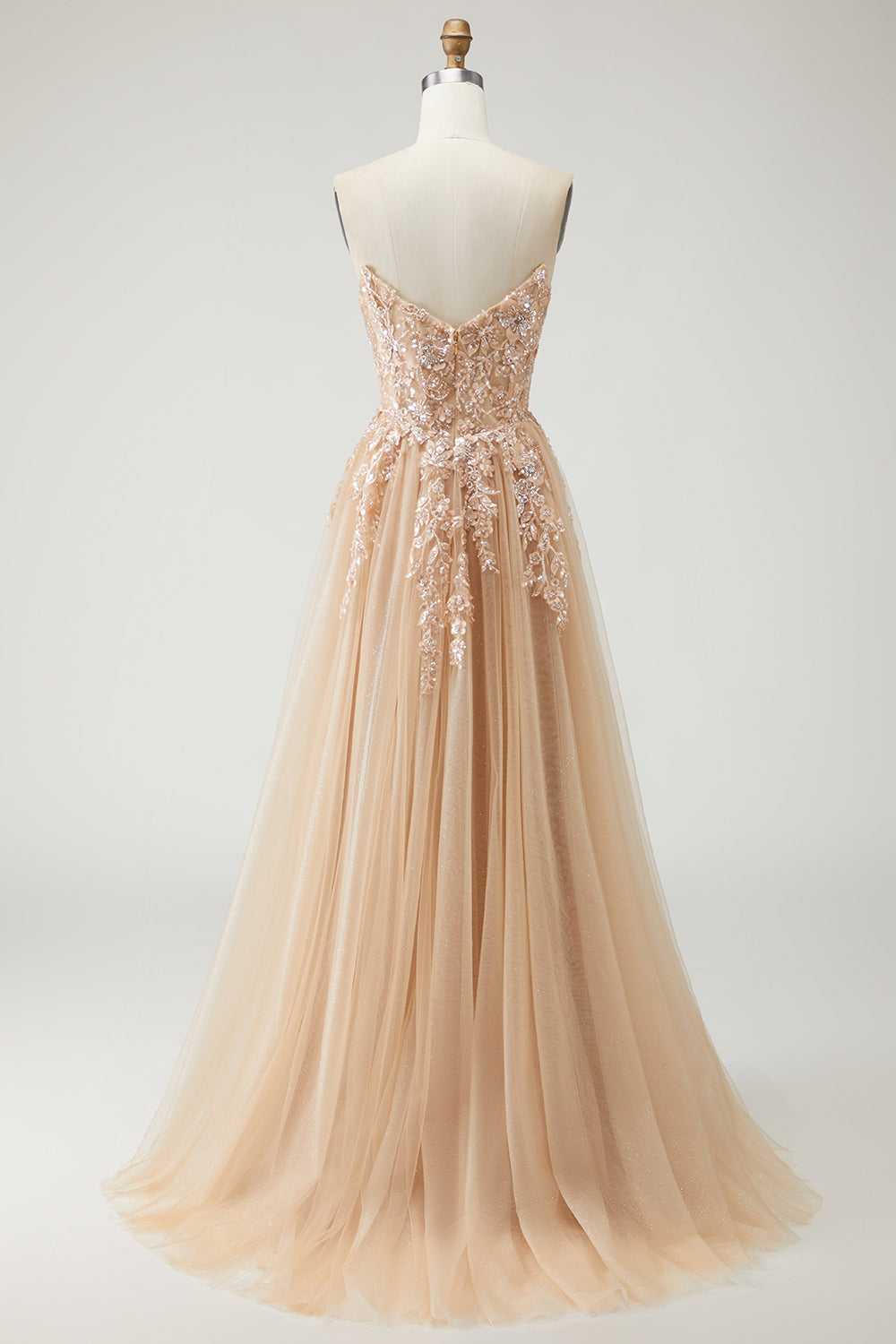 Sparkly Champagne Floral A-Line Long Prom Dress with Detachable Sleeves