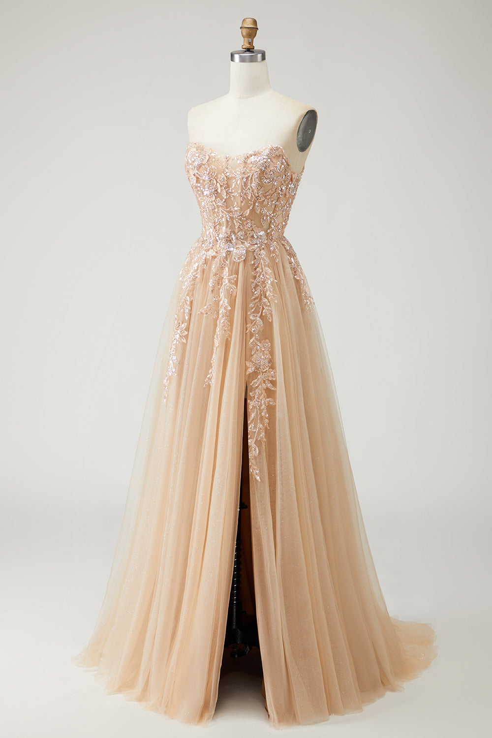 Sparkly Champagne Floral A-Line Long Prom Dress with Detachable Sleeves