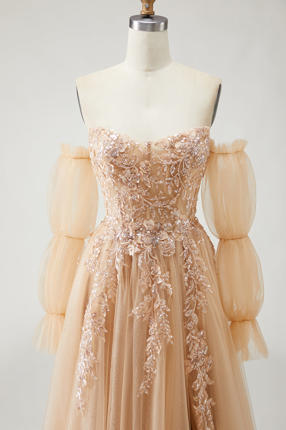 Sparkly Champagne Floral A-Line Long Prom Dress with Detachable Sleeves