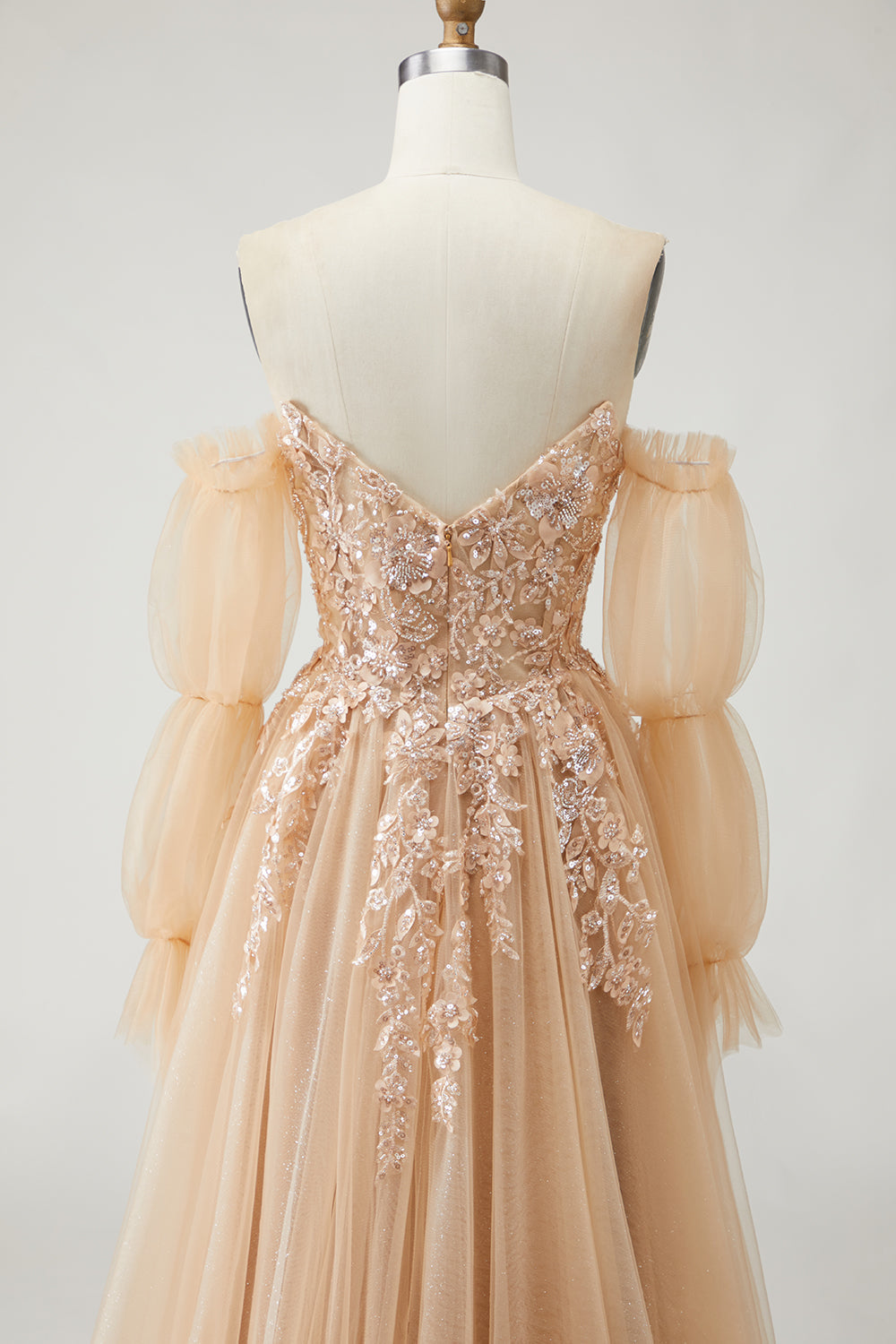Sparkly Champagne Floral A-Line Long Prom Dress with Detachable Sleeves