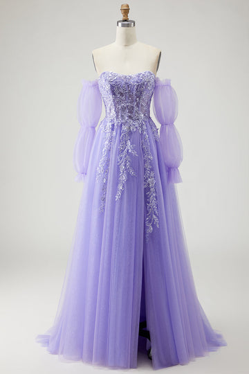Sparkly Purple Floral A-Line Long Prom Dress with Detachable Sleeves